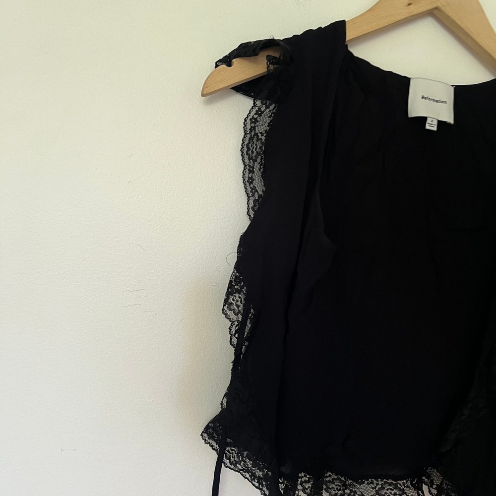 Reformation Black Lace Trim Tie Front Cropped Ruffle Blouse Top Mens Size 2 - Picture 5 of 12